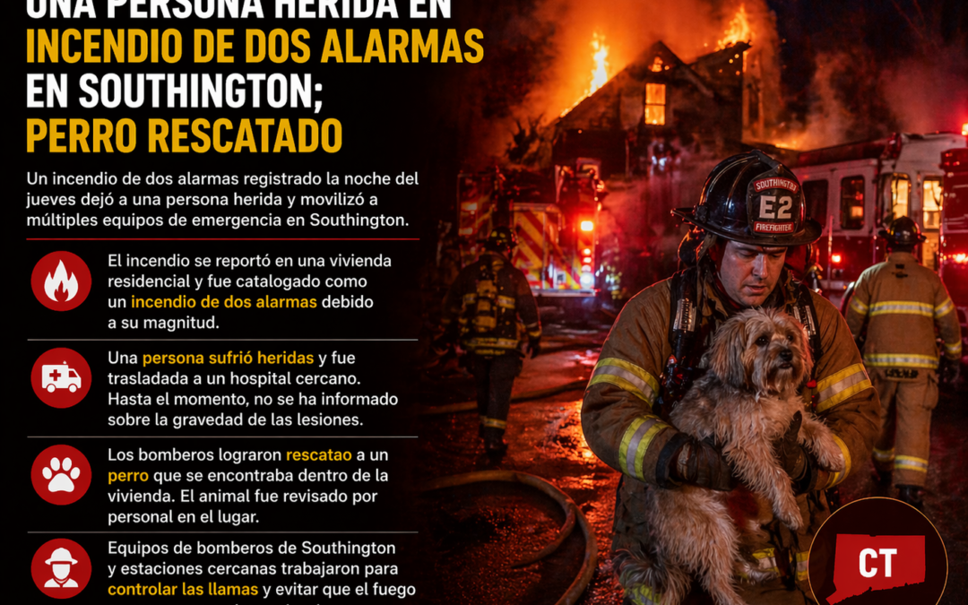 Un incendio de dos alarmas registrado en Southington, Connecticut, dejó a una persona herida, mientras que equipos de emergencia lograron rescatar a un perro del interior de la vivienda afectada.
